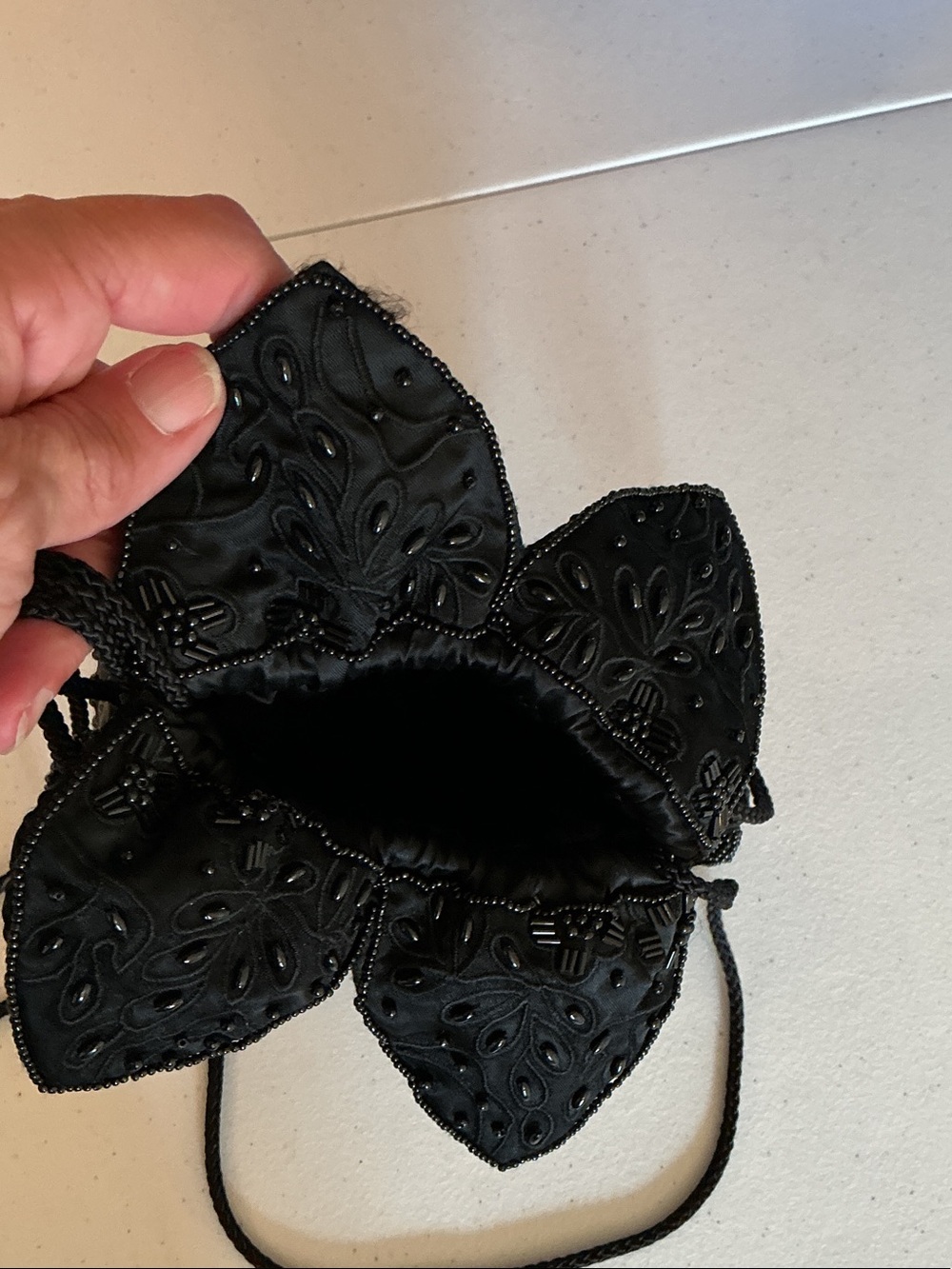 Black Floral Beaded Petal Drawstring Bag - Women